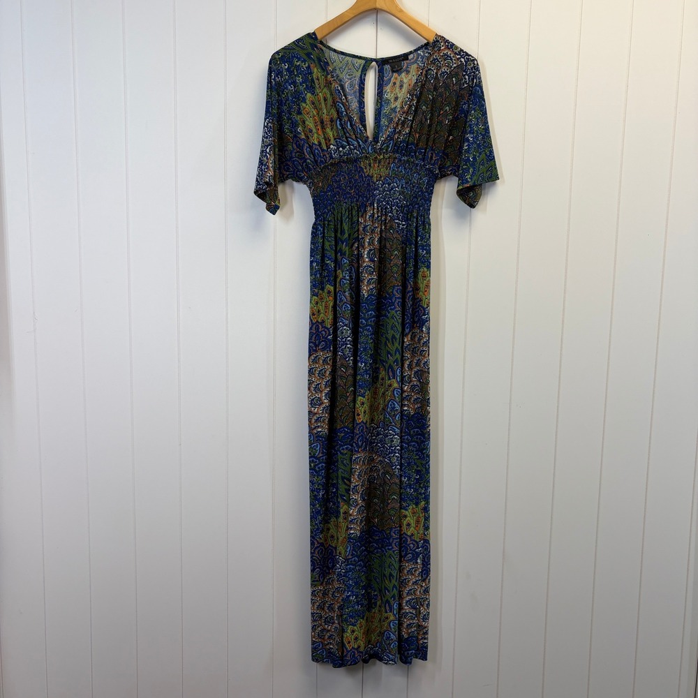 5th & LOVE Boho Peacock Maxi Dress Womens Size S Festival Hippie Vibrant Chic